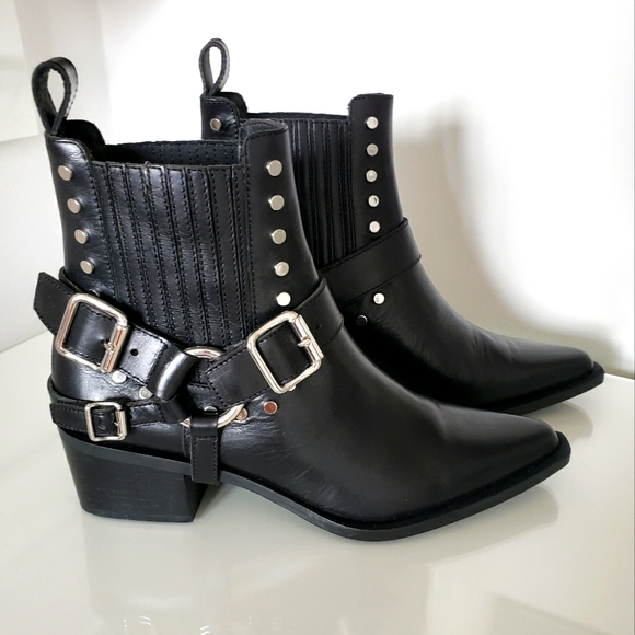 Diesel Black Gold Leather Ankle Biker Boots Chrome Hardware Women Size 40 NWT - Picture 2 of 9